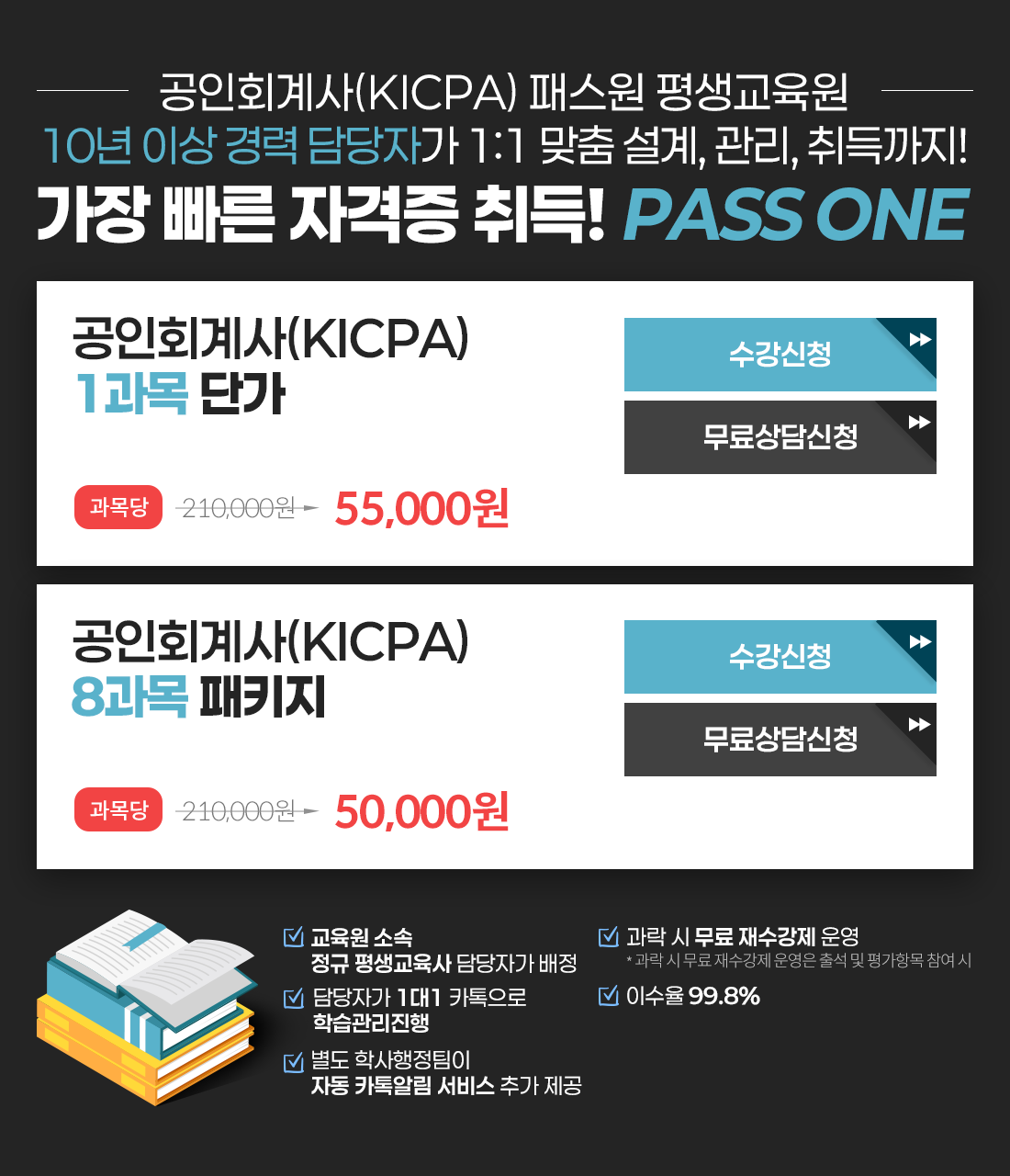 
                    ȸ(KICPA) н  10 ̻  ڰ 1:1  , , !
                      ڰ ! PASS ONE
                    ȸ(KICPA) 1 ܰ /  150,000 > 55,000
                    ȸ(KICPA) 8 Ű /  150,000 > 50,000

                    -  Ҽ   ڰ 
                    - ڰ 11 ī н
                    -  л ڵ ī˸  ߰ 
                    -      *      ⼮  ׸  
                    - ̼ 99.8%
                